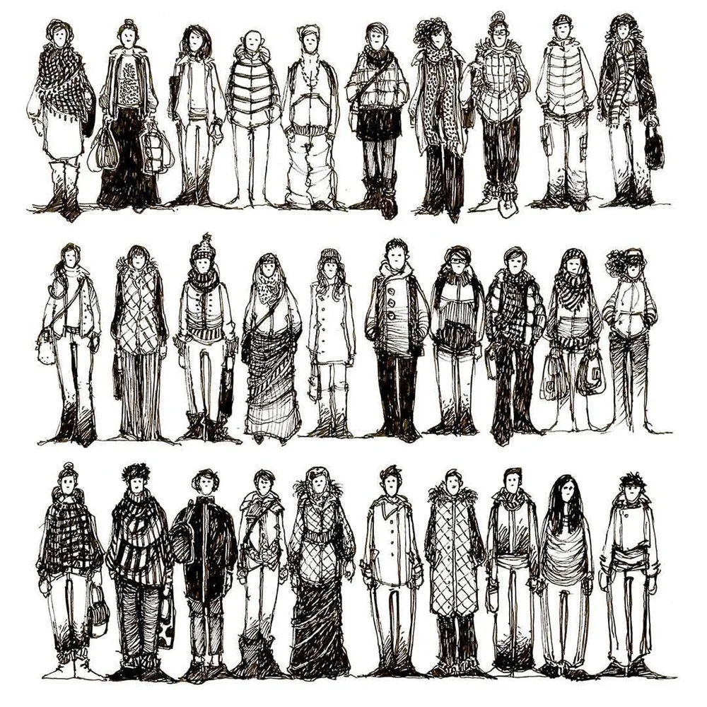 Sketch of diverse group of men and women, each with unique clothing and accessories, standing in three rows.