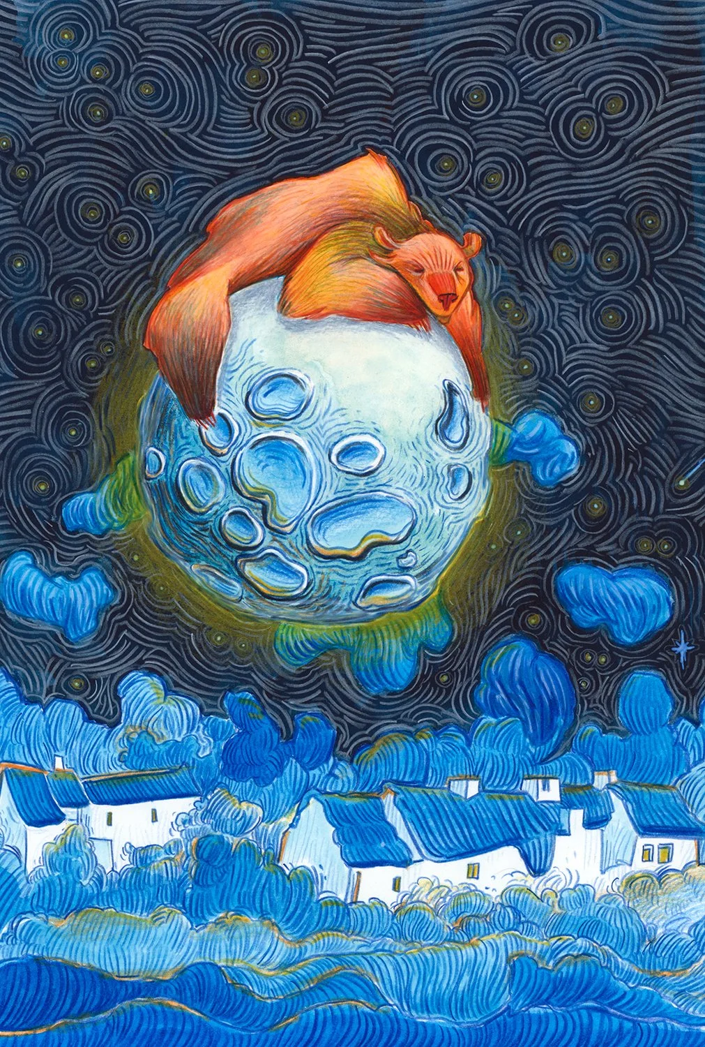 An illustration by Joanna Bucur with a bear sleeping on the moon, the moon above a town with white houses and blue rooftops