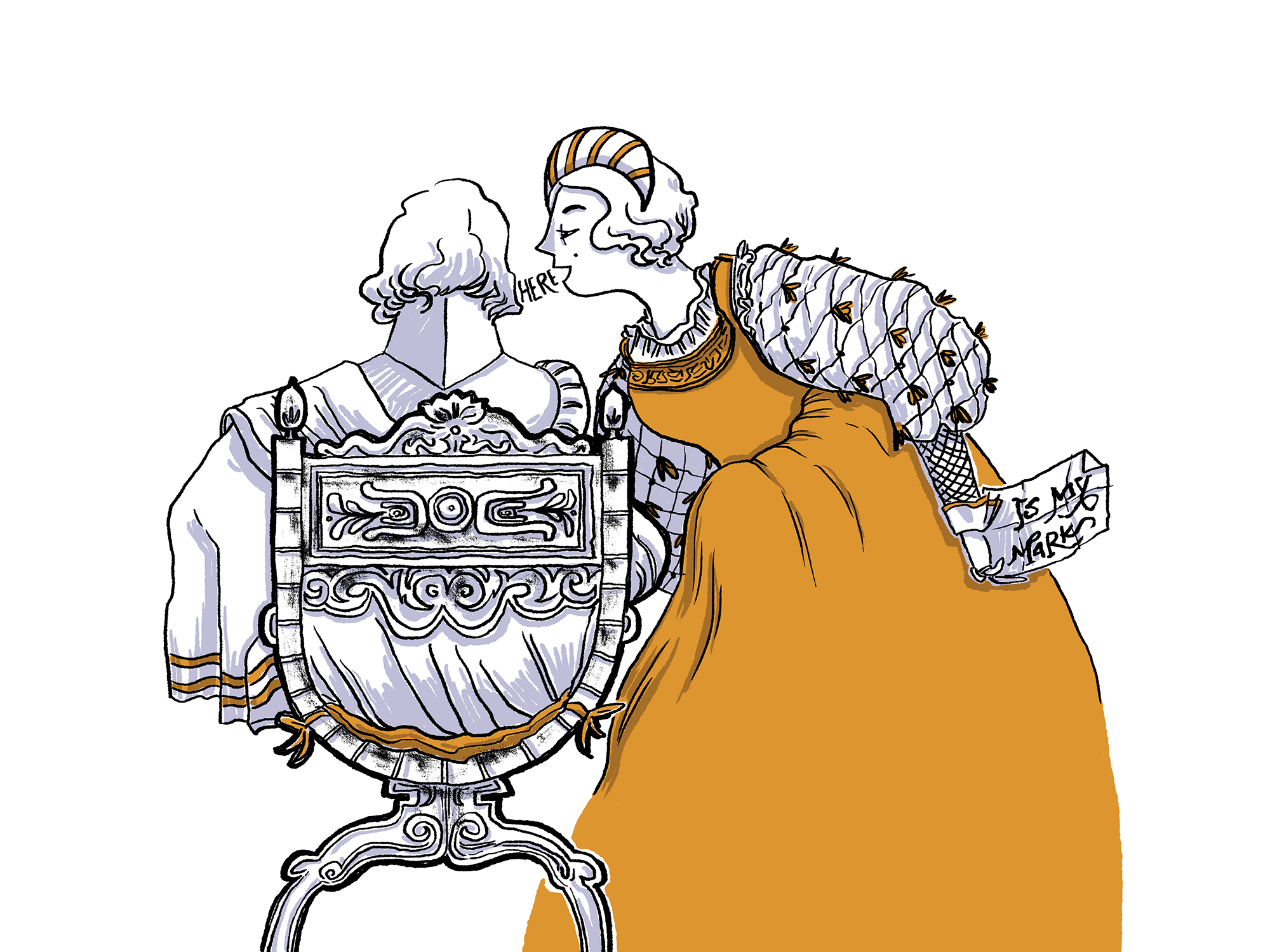 An illustration of a woman in the Renaissance leaning down to whisper in a man's ear clearly influencing his decisions