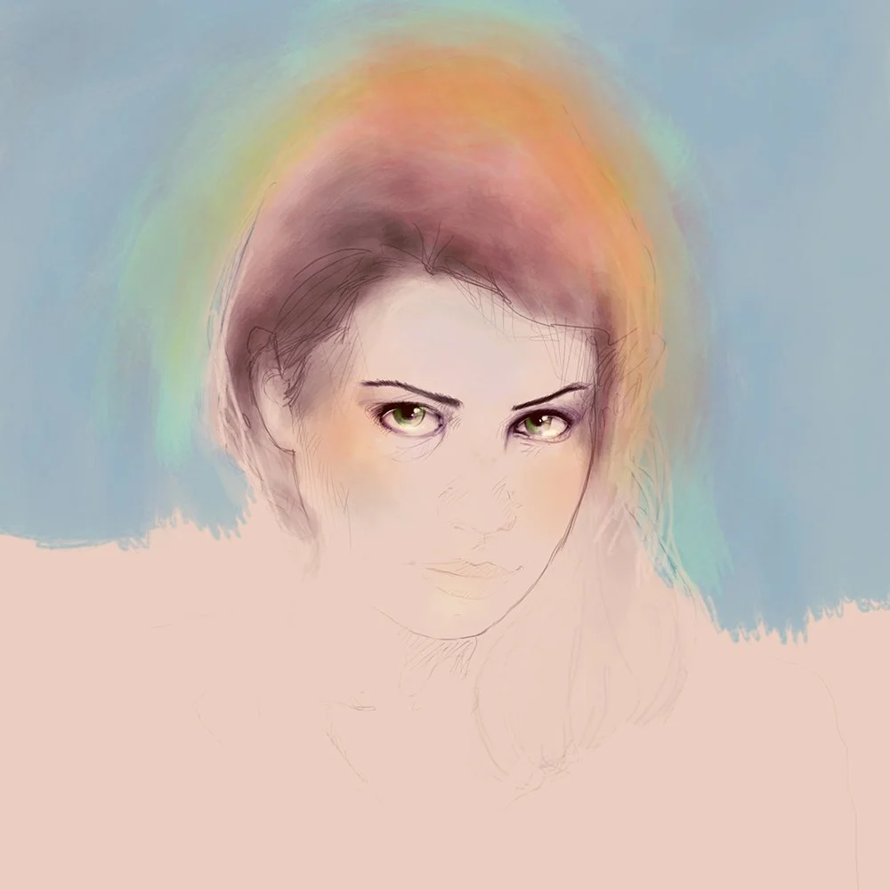 Digital illustration of a woman with intense eyes, short hair, and a rainbow-colored halo around her head, with a soft pastel background.