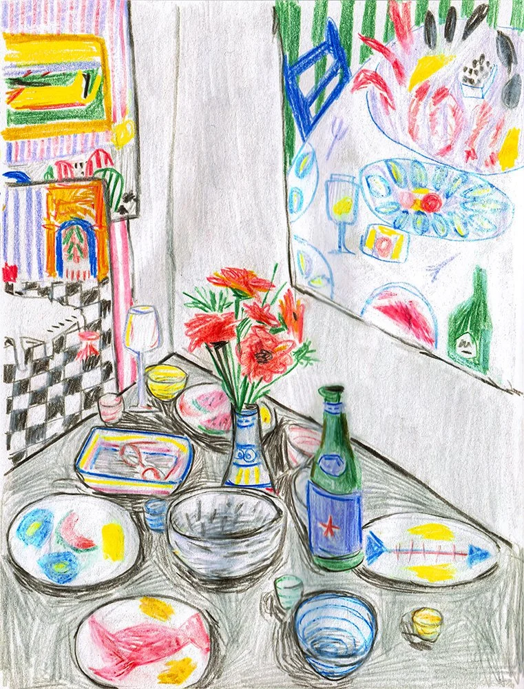 A colorful, hand-drawn depiction of a dining table set with plates of food, a wine bottle, glasses, and a vase of red flowers. The background features decorated walls and artwork.