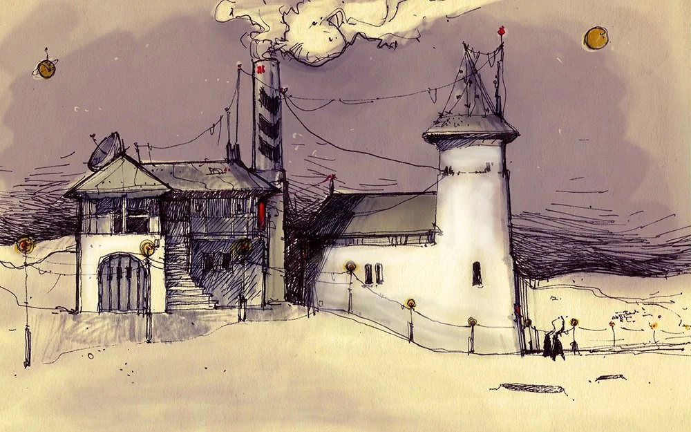 A sketch of a castle-like building with towers, a chimney emitting smoke, and string lights hanging outside. There are a few people walking nearby and a couple of bees flying in the sky.