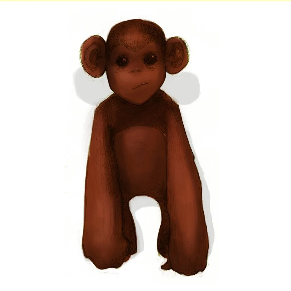 A digitally edited image of a monkey with a human face, with large ears, dark eyes, and a neutral expression, standing upright against a white background.