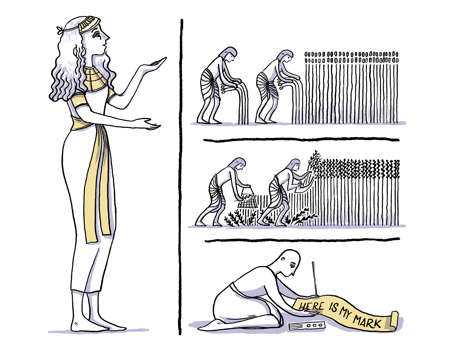 An illustration of a woman in Ancient Egypt leading and managing men working in the fields