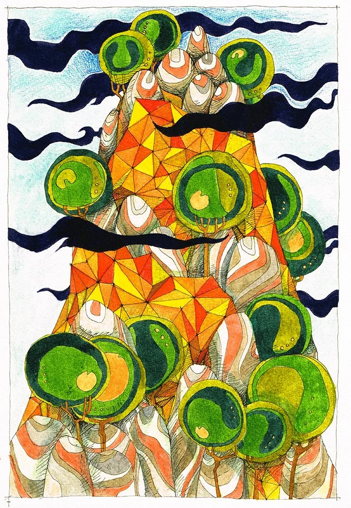Colorful abstract illustration of a mountain with striped patterns, geometric shapes, and surrounded by stylized green trees with circular canopies, under a sky with dark, wavy clouds.