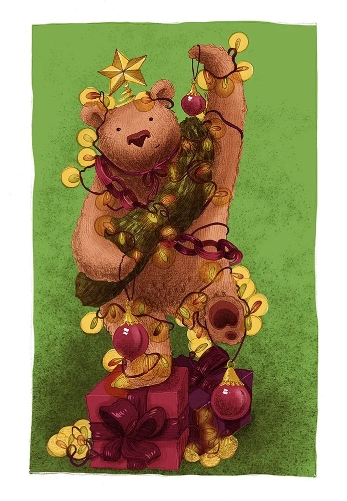 A teddy bear decorated with Christmas lights, ornaments, and a star on its head, standing on wrapped gifts against a green background.