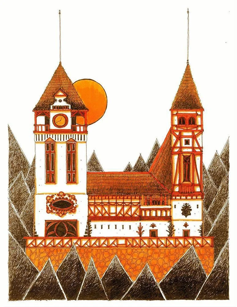 Drawing of a castle with two tall towers and a large orange sun in the background, surrounded by trees.