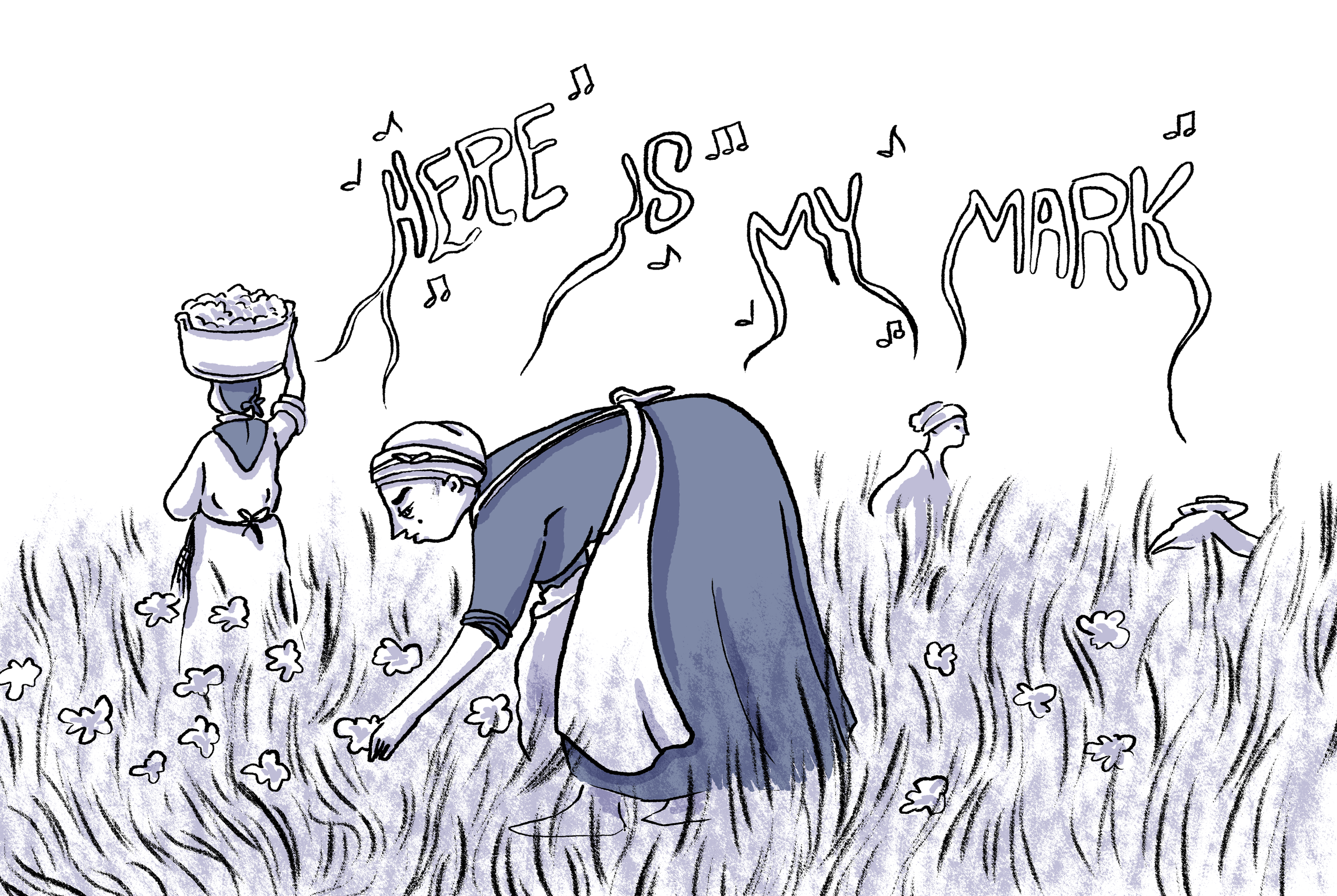 A group of cotton picker women slaves singing Here is My Mark in a field during the 19th century