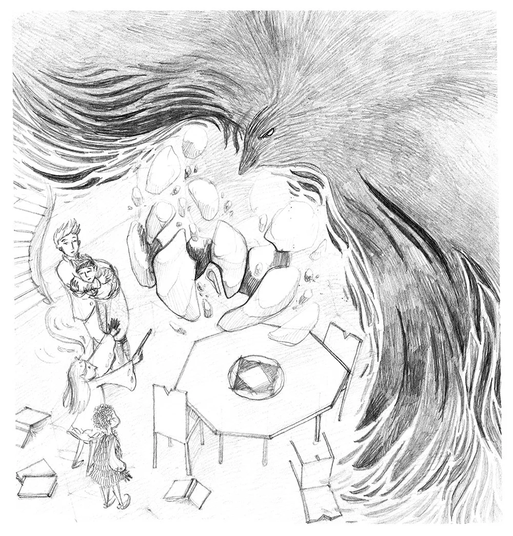 A detailed pencil sketch of a group of children around a hexagonal table, with a large, majestic bird and a swirling vortex of rocks and debris in the background.