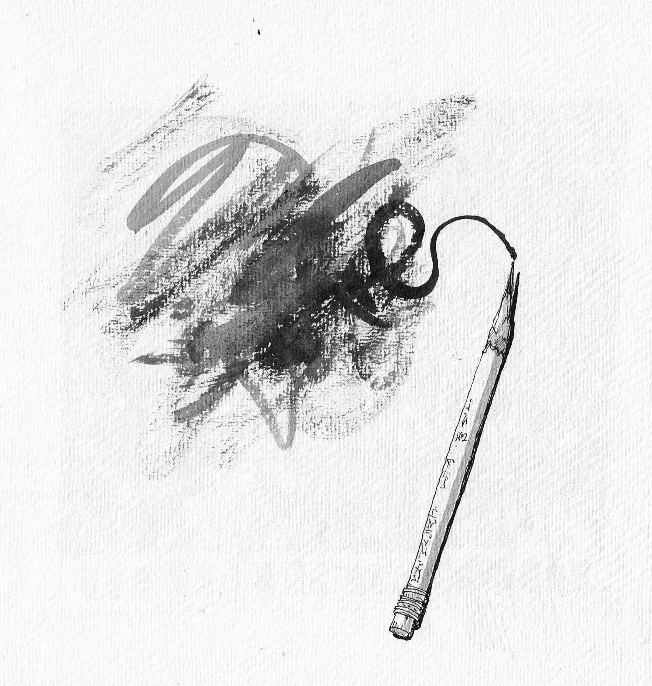 A pencil drawing of a needle with a curved thread near a dark, abstract smudge on textured paper.