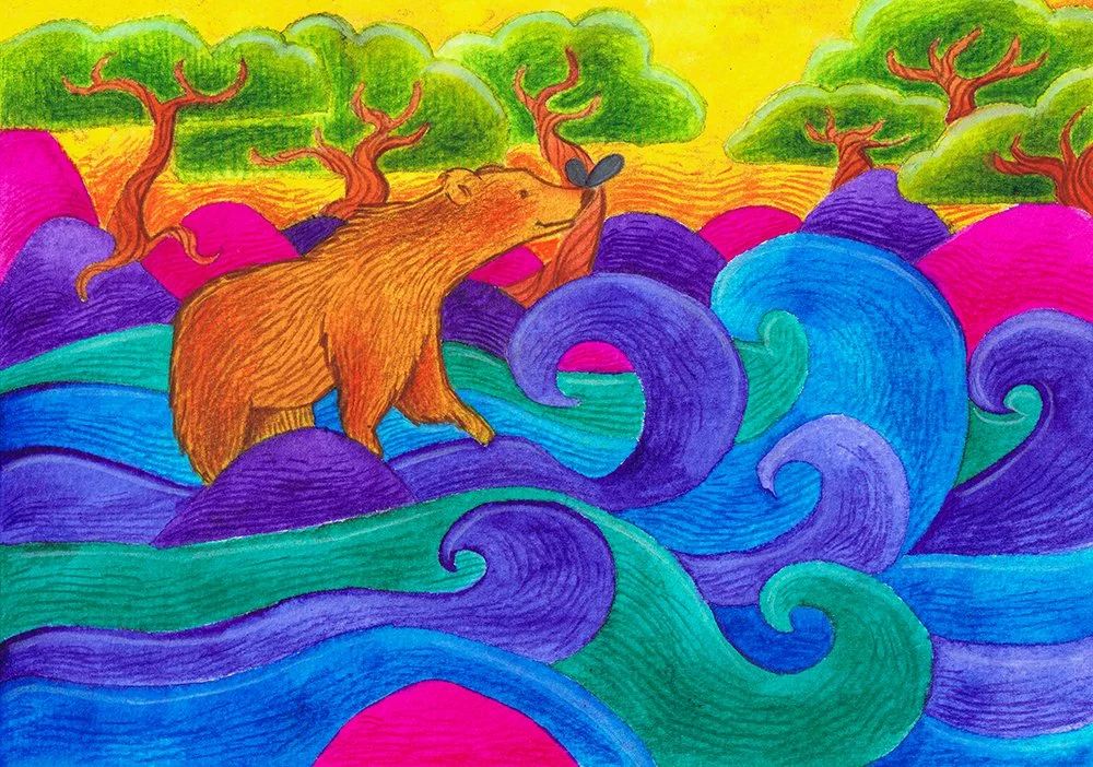 Colorful drawing of a bear on a stylized river interacting with a butterfly, surrounded by trees and colorful rocks or hills, with a vibrant yellow sky in the background.
