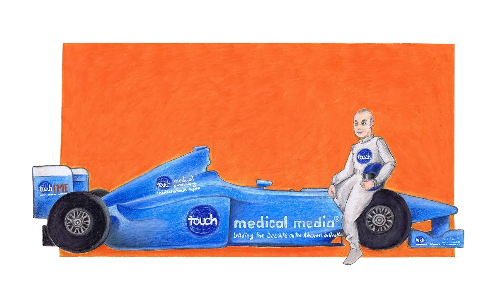 A drawing of a blue Formula 1 race car with sponsorship logos reading 'touch' and 'medical media,' and a woman in gray with a 'touch' logo on her chest sitting on the car's front wing holding a helmet, all set against an orange background.
