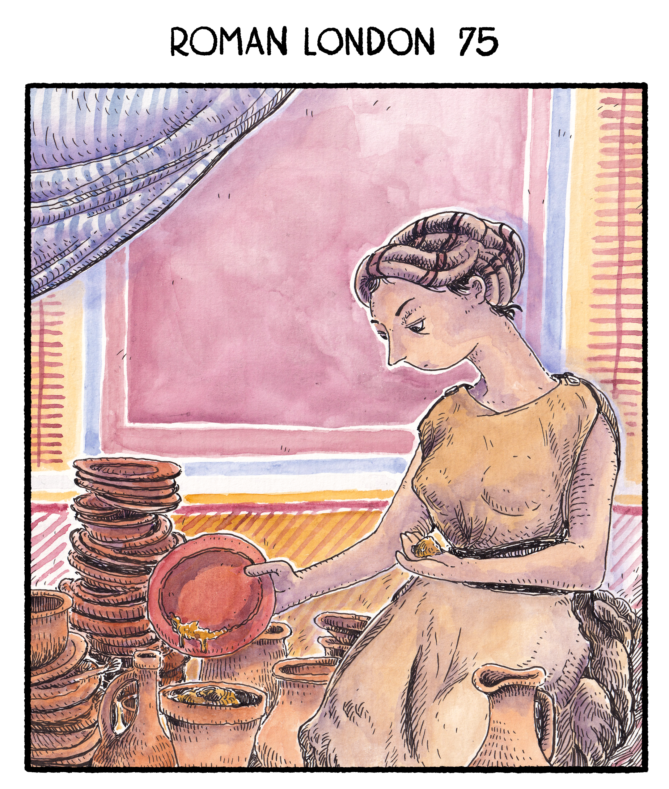 A watercolour illustration of a Roman woman sitting in front of a painted wall amongst a lot of dirty dishes, scrubbing them with sand