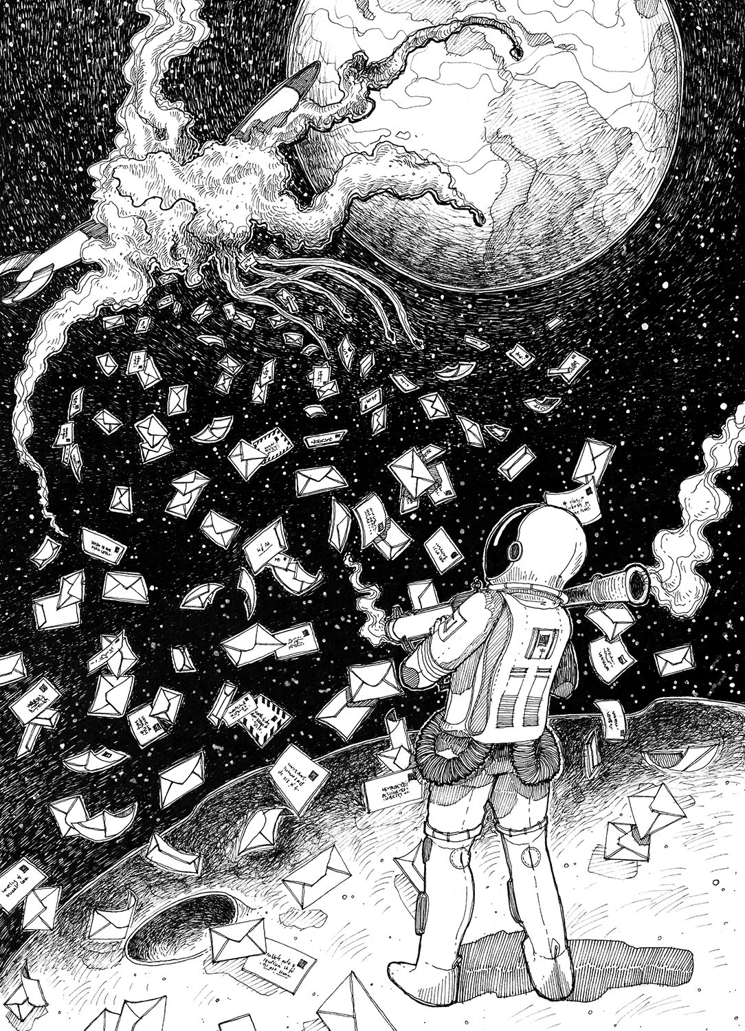 A book illustration by Joanna Bucur of an astronaut on the moon, holding a rocket launcher having just shot a rocket that was going towards Earth. The rocket was full of letters. Work is for poem anthology book Letter Never sent by Tom Wolfe