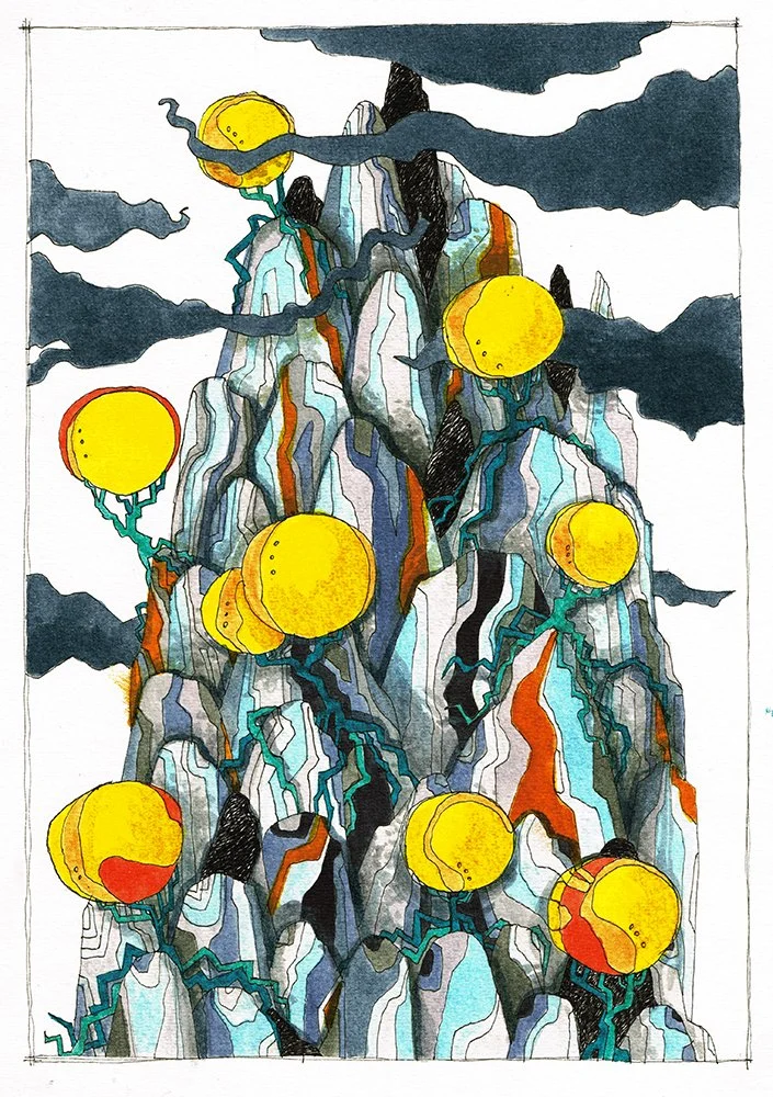 A mountain with jagged peaks and dark clouds in the sky, dotted with large yellow orbs connected by blue and orange lines.