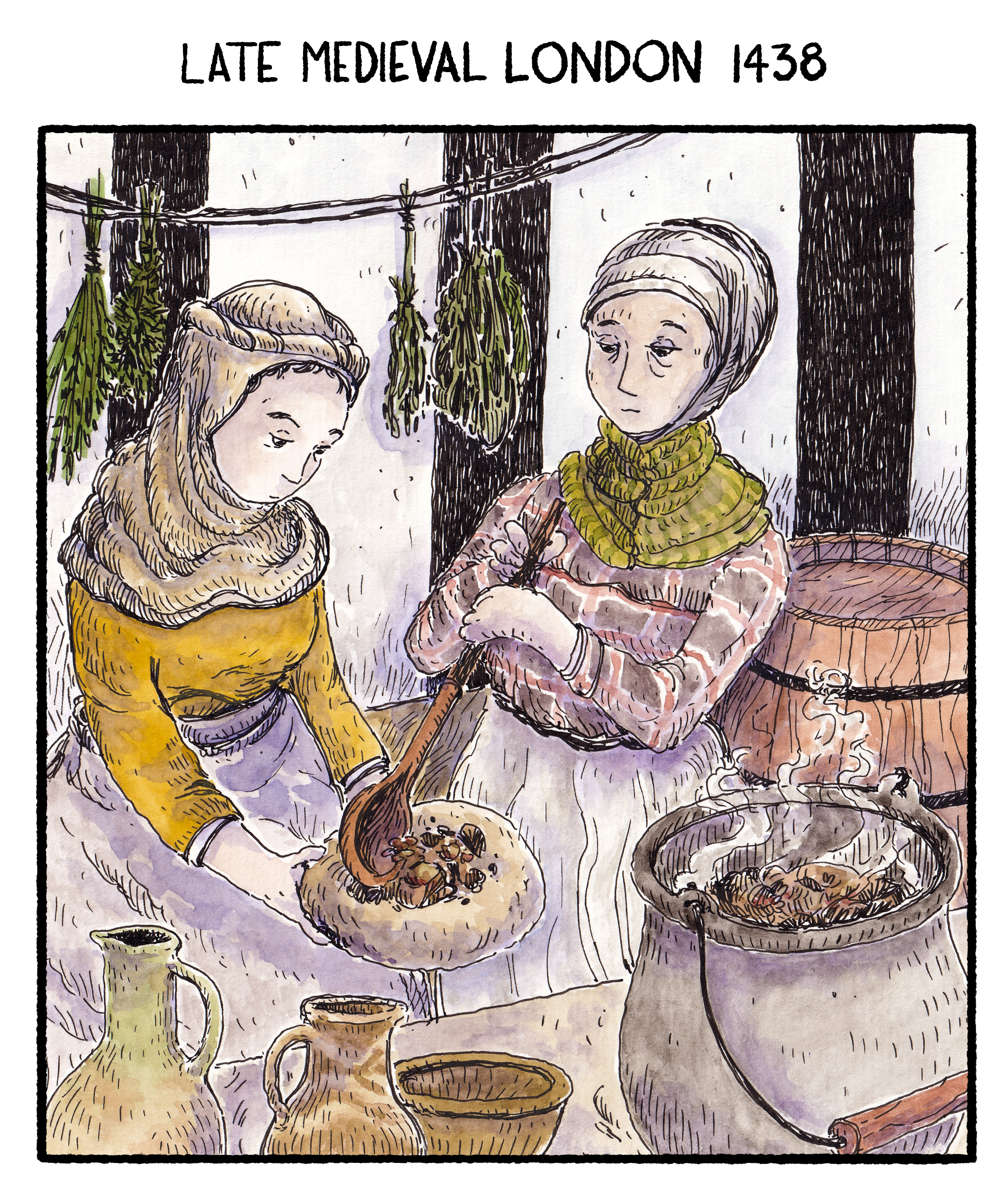 A watercolour illustration of two women in a late medieval London kitchen dishing up stew from a pot onto stale bread plates. There is a water barrel behind them and a string of dried herbs above their heads. There are some dirty pots around them.