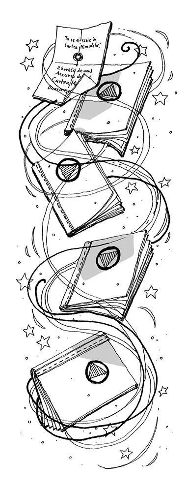 Sketch of four open books arranged vertically with swirling lines and stars around them. The top book has a note attached with handwritten text in Spanish, and each book has a circular symbol on its cover.