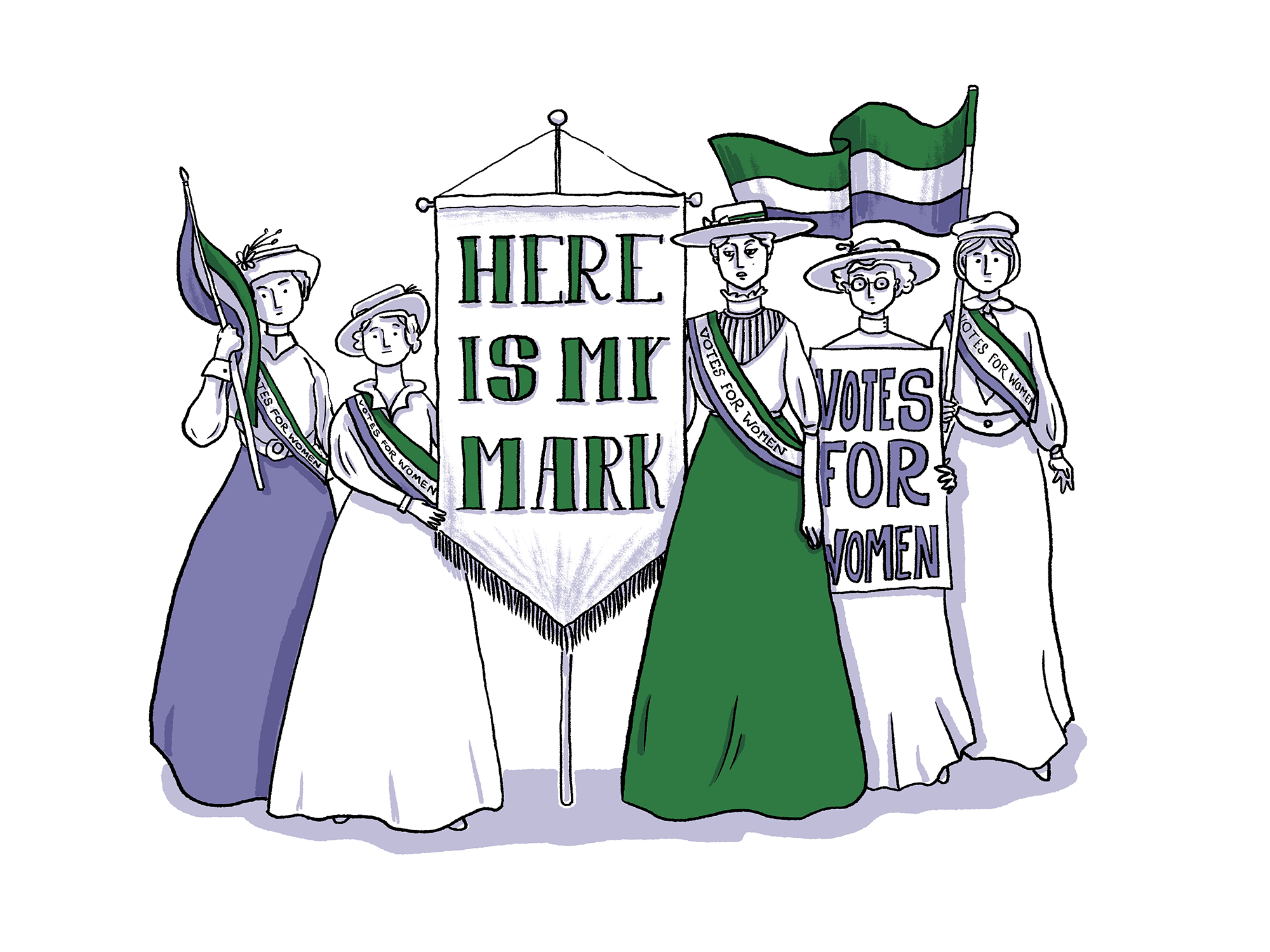 An illustration of a group of women suffragettes holding up signs and placards demanding their right to vote