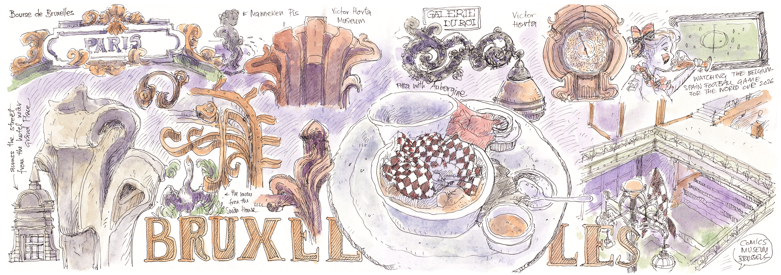 A watercolour illustration of different details of Bruxelles such as the Bourse, architectural details from the Horta house or a light from Galerie du Roi and the Comics Museum