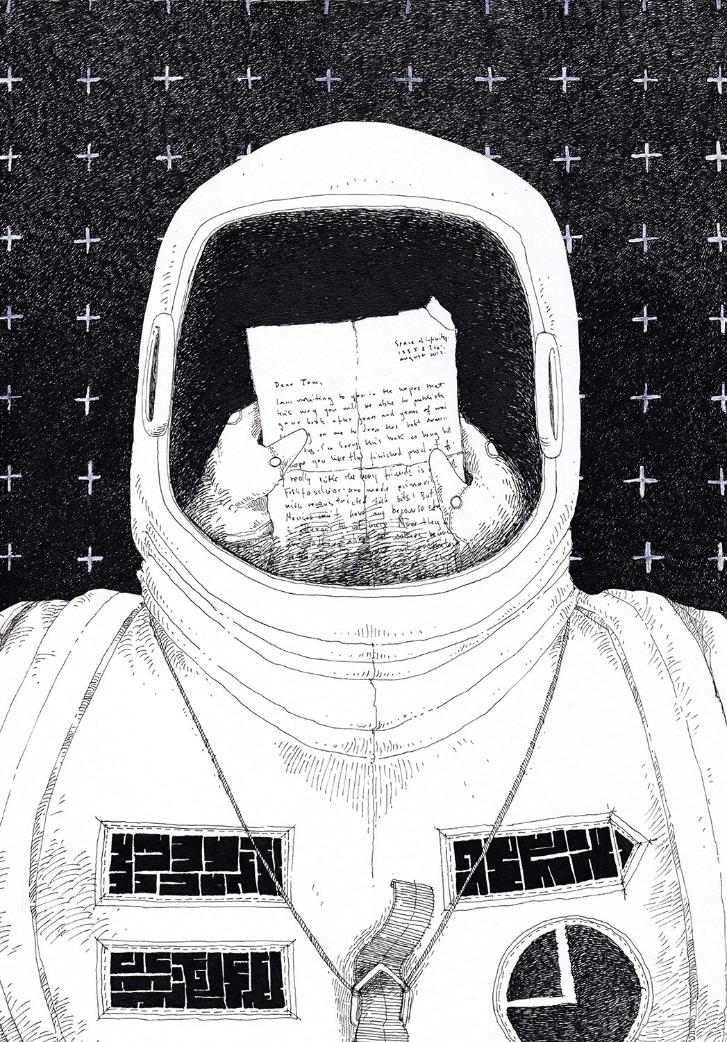 A book illustration by Joanna Bucur of an astronaut in space looking at a letter, with the image of the hands holding the letter reflected in his helmet. The illustration is for poem anthology book Letter Never sent by Tom Wolfe
