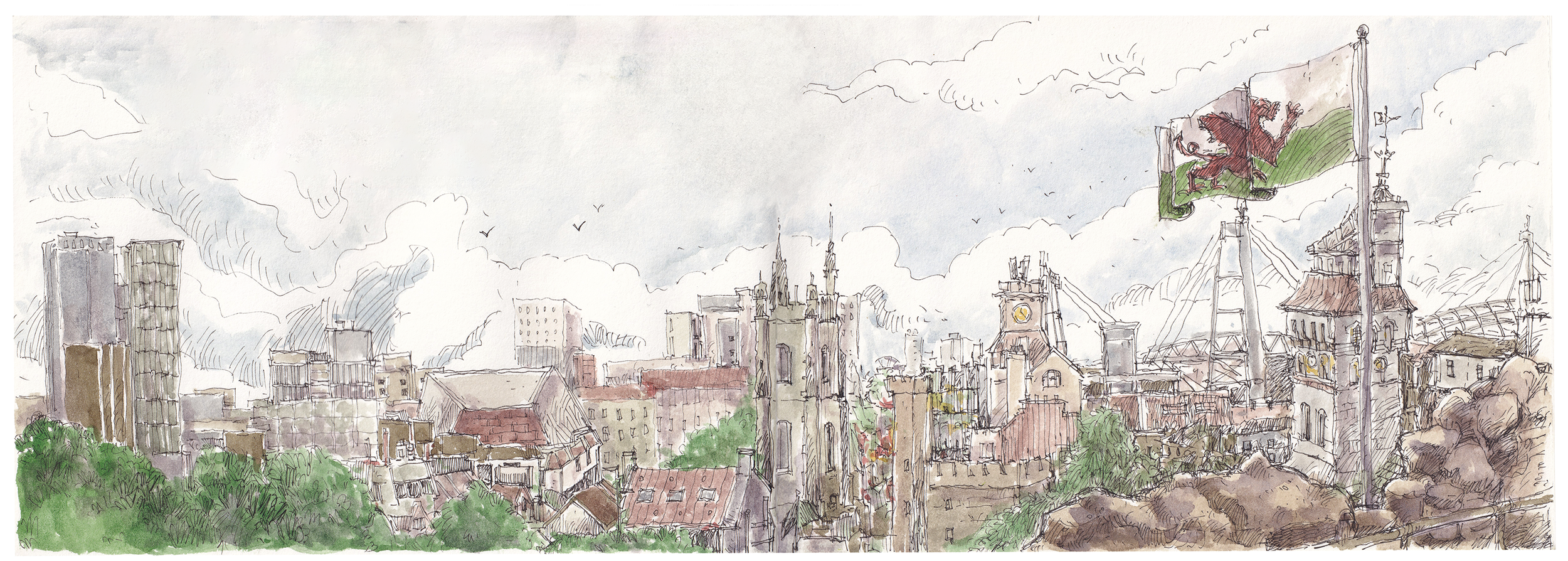 Watercolour drawing of Cardiff landscape seen from Cardiff Castle