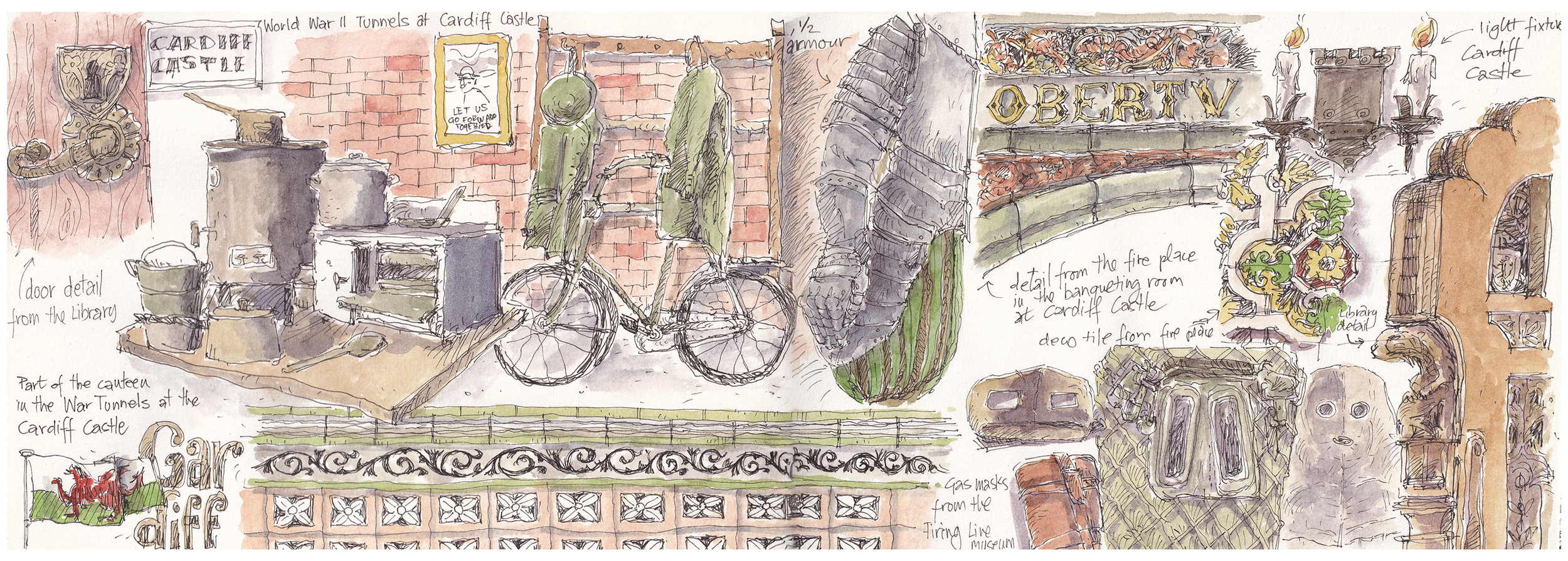 Watercolour scene with various bits and pieces from Cardiff Castle such as an armour, gas masks, patterns and a welsh flag
