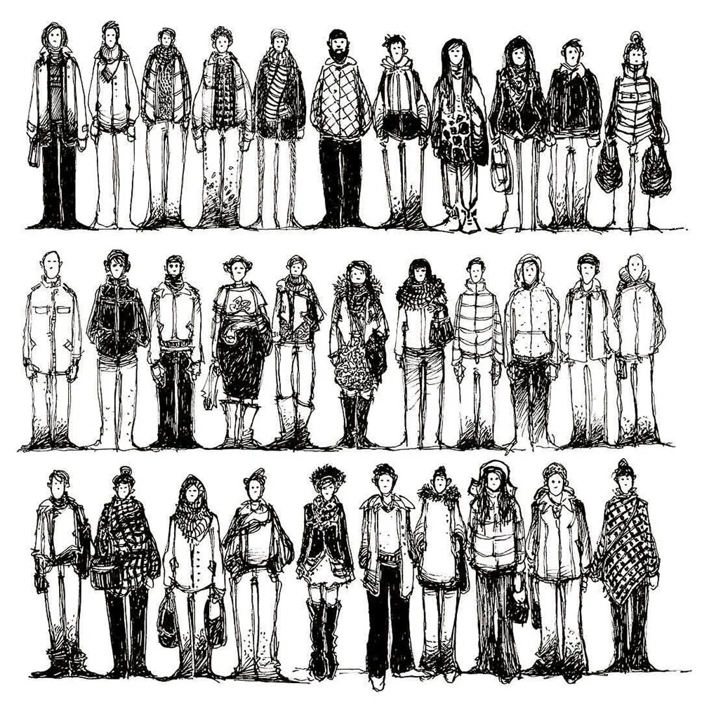 Black and white hand-drawn illustration of 24 people standing in three rows, each dressed in casual winter clothing, including jackets, scarves, and hats.
