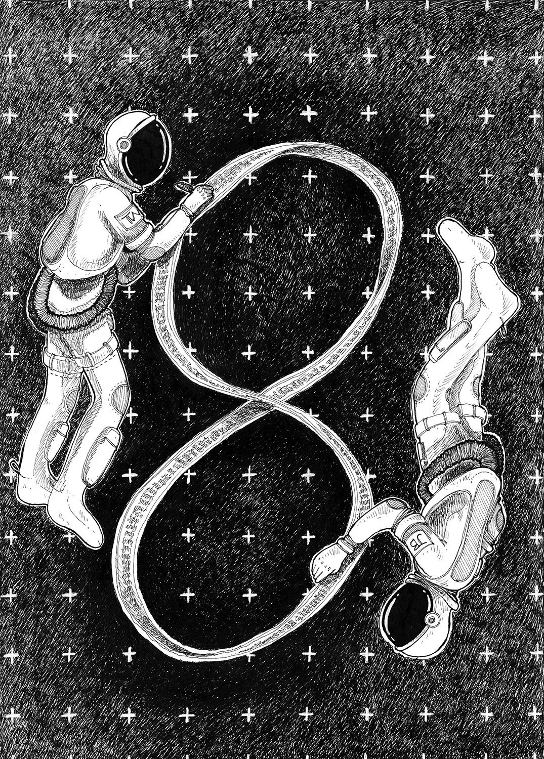 A book illustration by Joanna Bucur of two astronauts writing and reading a continuous piece of paper, representing letters to the self. The illustration is for poem anthology book Letter Never sent by Tom Wolfe