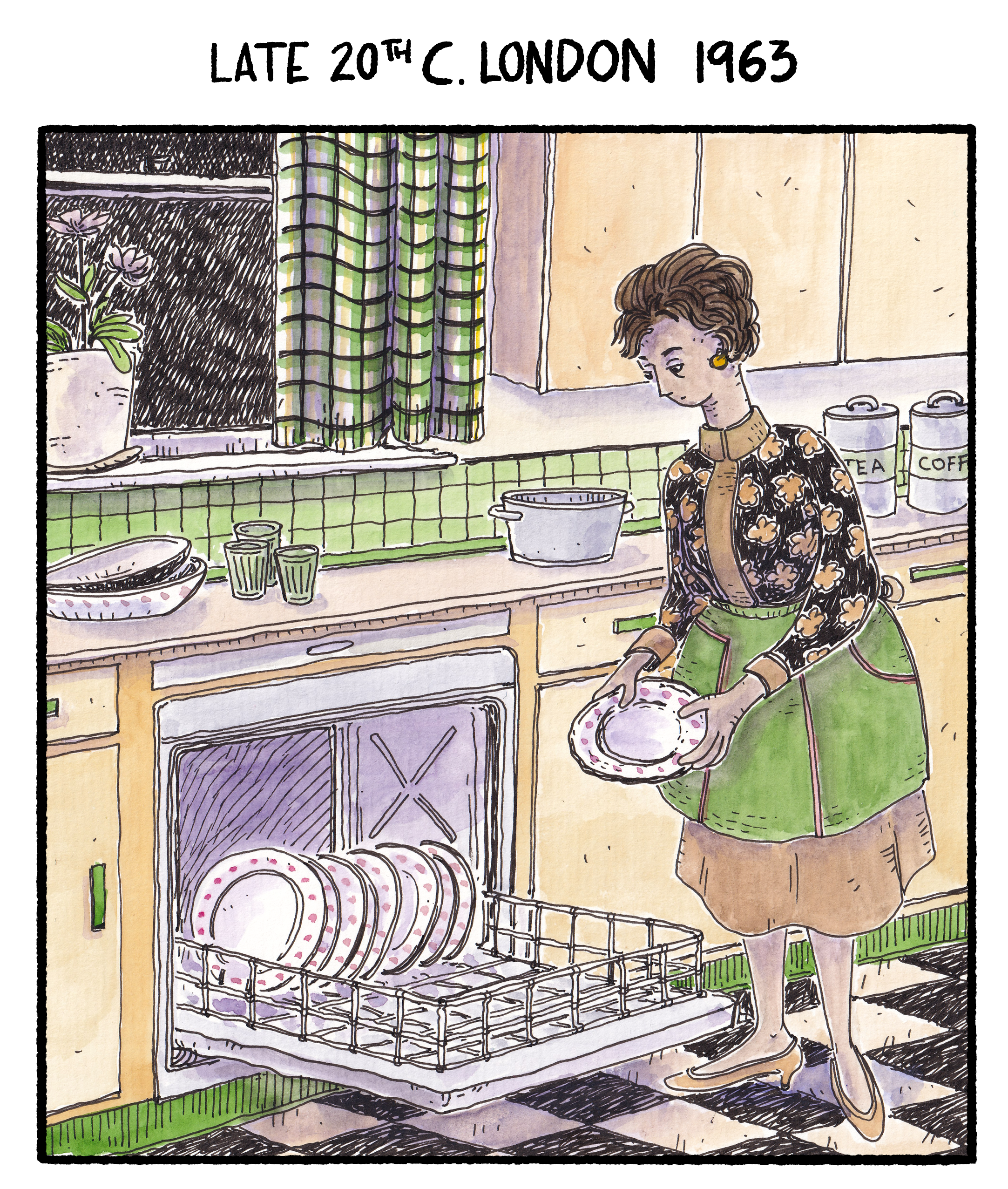 Watercolour illustration of a lady sitting in her matching kitchen in the 1960s loading the dishwasher with plates. Everything is matching and clean and she is obviously a stay at home housewife.