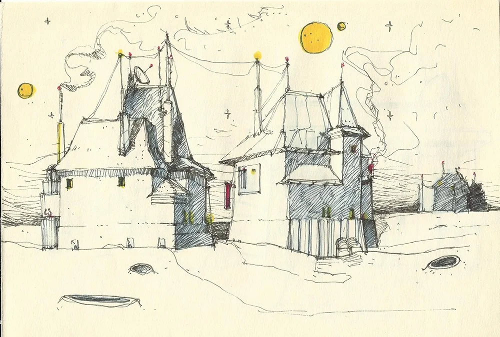 Sketch of a seaside village with houses on stilts, a boat, and celestial bodies in the sky.