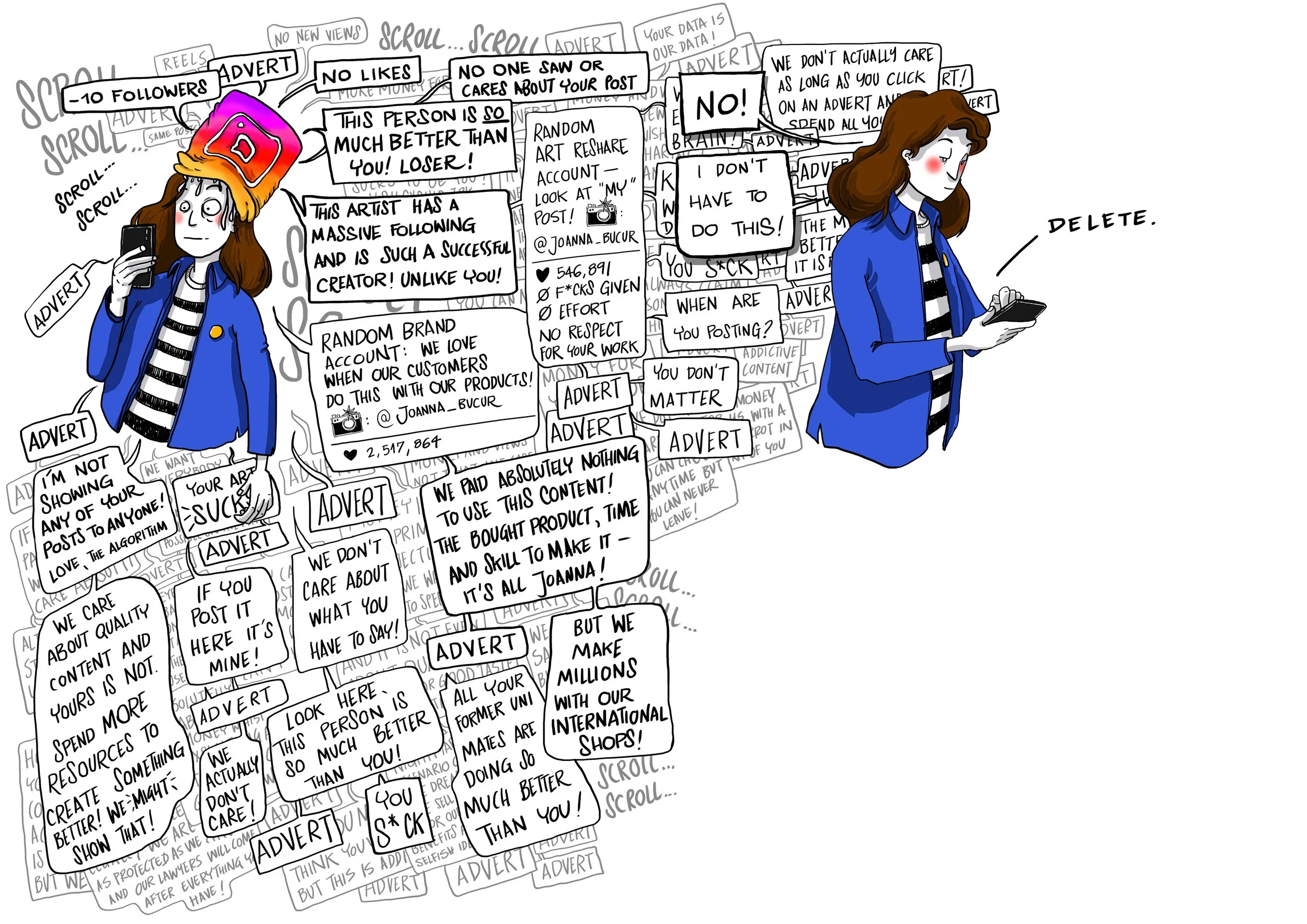 A comic-style illustration of a woman in a blue jacket and striped shirt, holding a phone, surrounded by chaotic social media comments and ads, with a second image of her with the same outfit, appearing upset and telling the phone to delete the comme