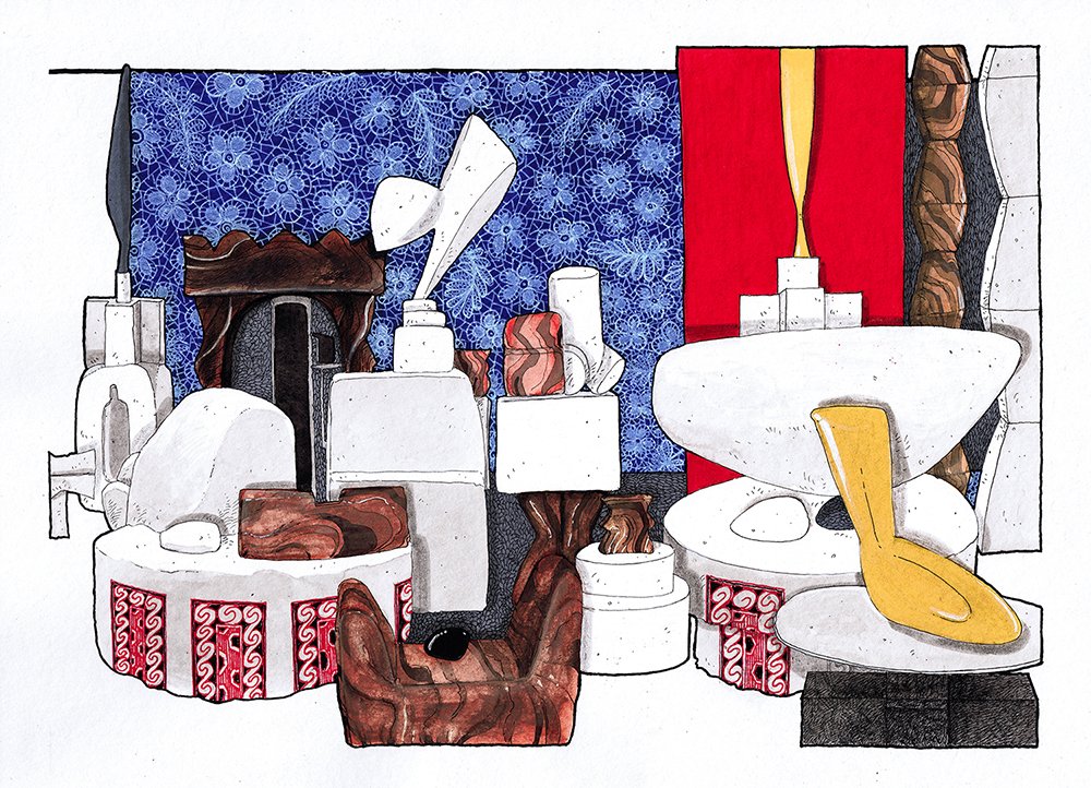 Abstract interior scene with curvy furniture, geometric patterns, and vibrant colors, including red, yellow, blue, brown, and black accents.