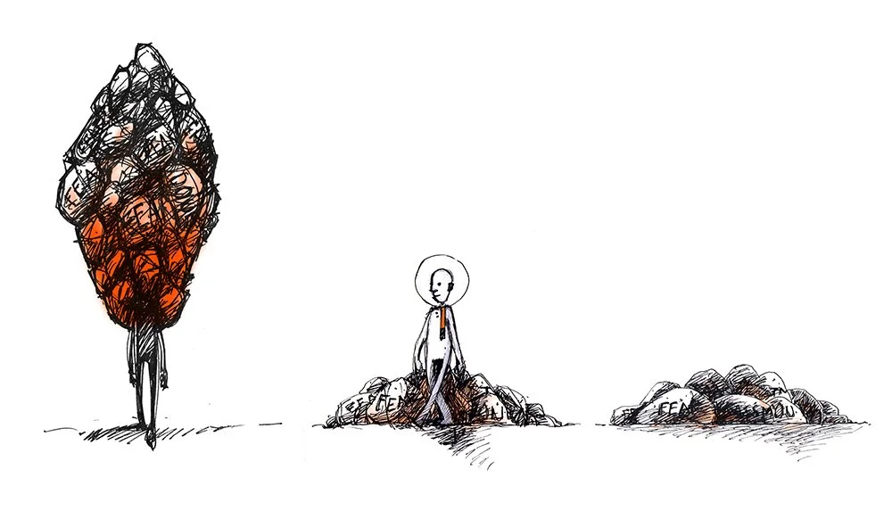 A simple, minimalist illustration of a person walking away with a large, orange and black backpack, a person sitting on the ground with a small pile of rocks or debris, and a small mound of rocks labeled "FEE" on the right.