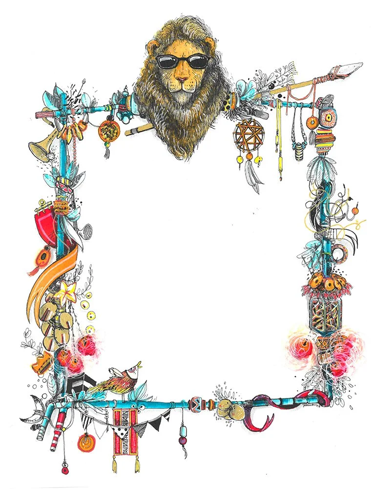Illustration of a lion wearing sunglasses, surrounded by colorful tribal and nature-inspired decorations, forming a rectangular frame.
