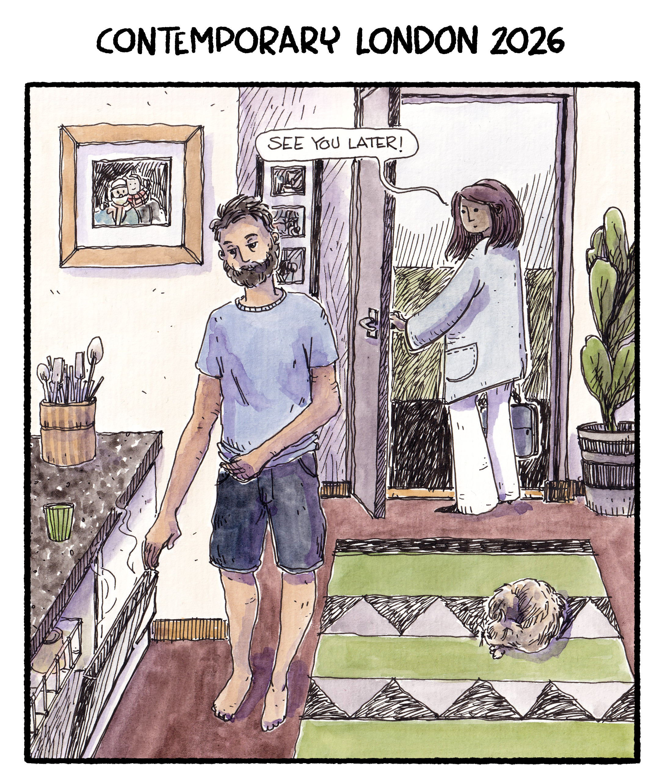 A watercolour illustration of a contemporary London flat. In the background a woman is going to work with a briefcase. In the foreground a man is in the kitchen unloading the dishwasher. A cat is curled and sleeping on the carpet.