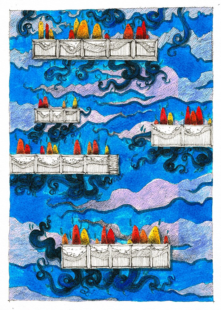 Colorful abstract drawing featuring a blue swirling sky with clouds, multiple white balcony-like structures with rainbow-colored trees or cones on top, arranged vertically across the image.