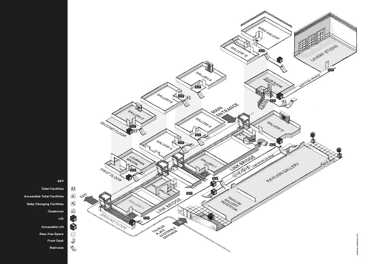 Floor plan of an art gallery building with labeled rooms, staircases, elevators, and accessible features, including galleries, a lounge, a lobby, and a pavilion gallery.