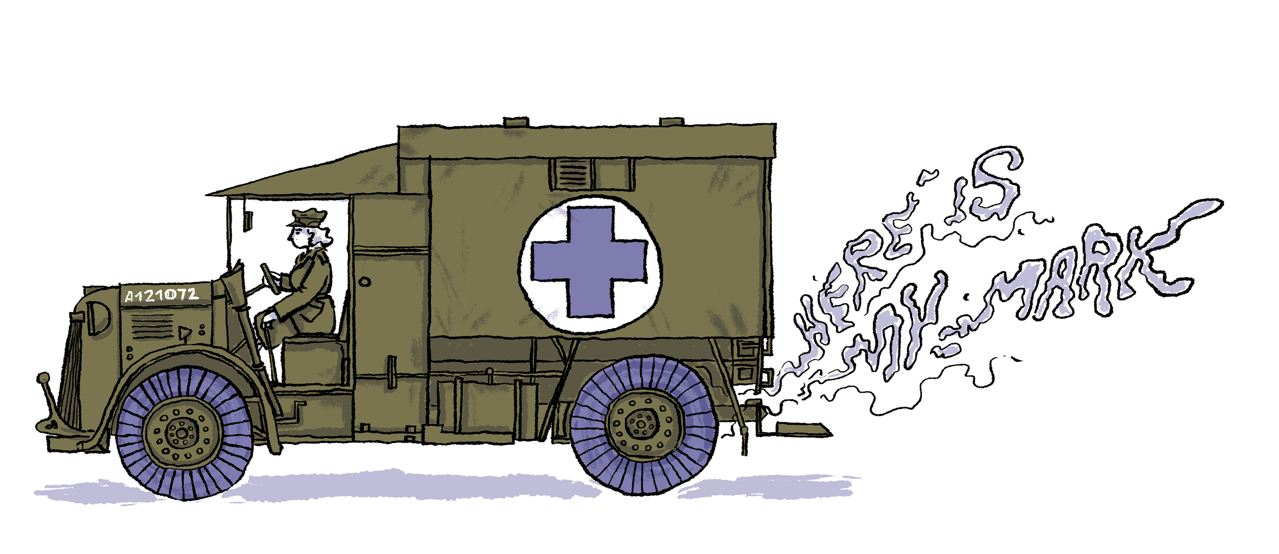 An illustration of a woman driving an ambulance during the war with the exhaust of the car writing the text Here is My Mark