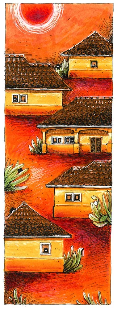 A colorful illustration of houses with tiled roofs under a bright red sky with a large sun.
