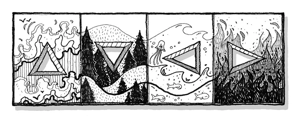 Four black-and-white comic-style drawings of triangles in different outdoor environments, including a smoky mountain, forest with a mountain, underwater scene with a whale and jellyfish, and a fiery scenery.