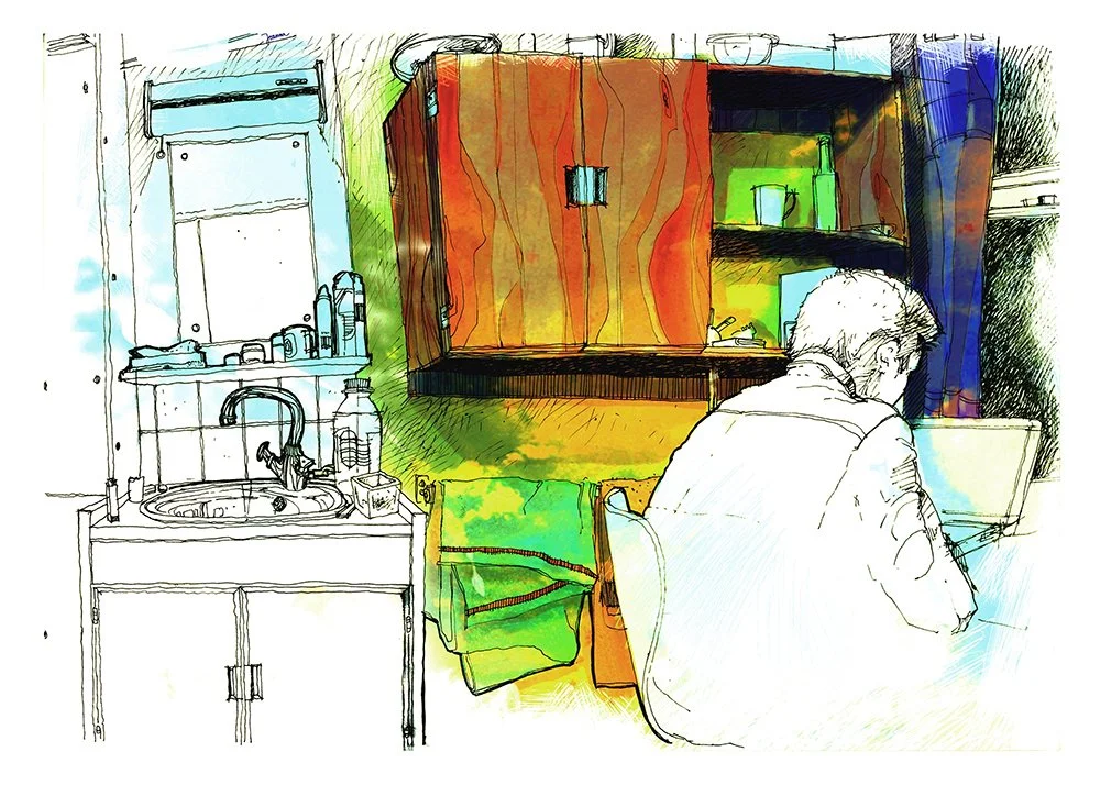 A colorful sketch of a person sitting at a kitchen table, working on a laptop, with kitchen cabinets and a sink in the background.
