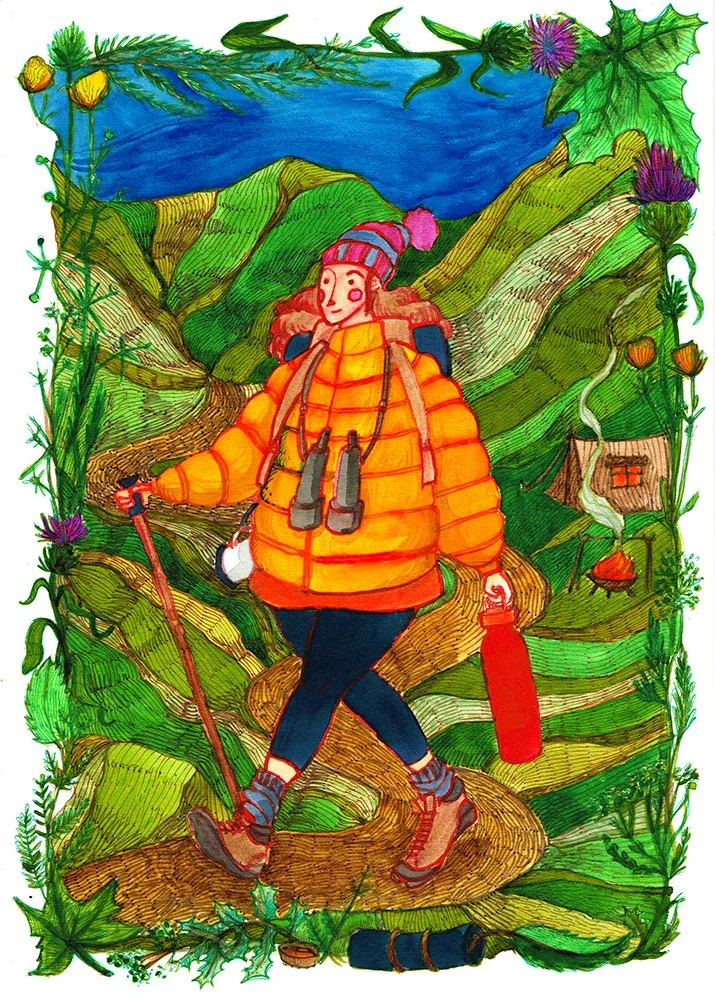 An illustration of a young girl hiking in a lush, green outdoor setting with mountains, flowers, and a stream in the background. She carries a backpack, walking stick, water bottle, and hat.
