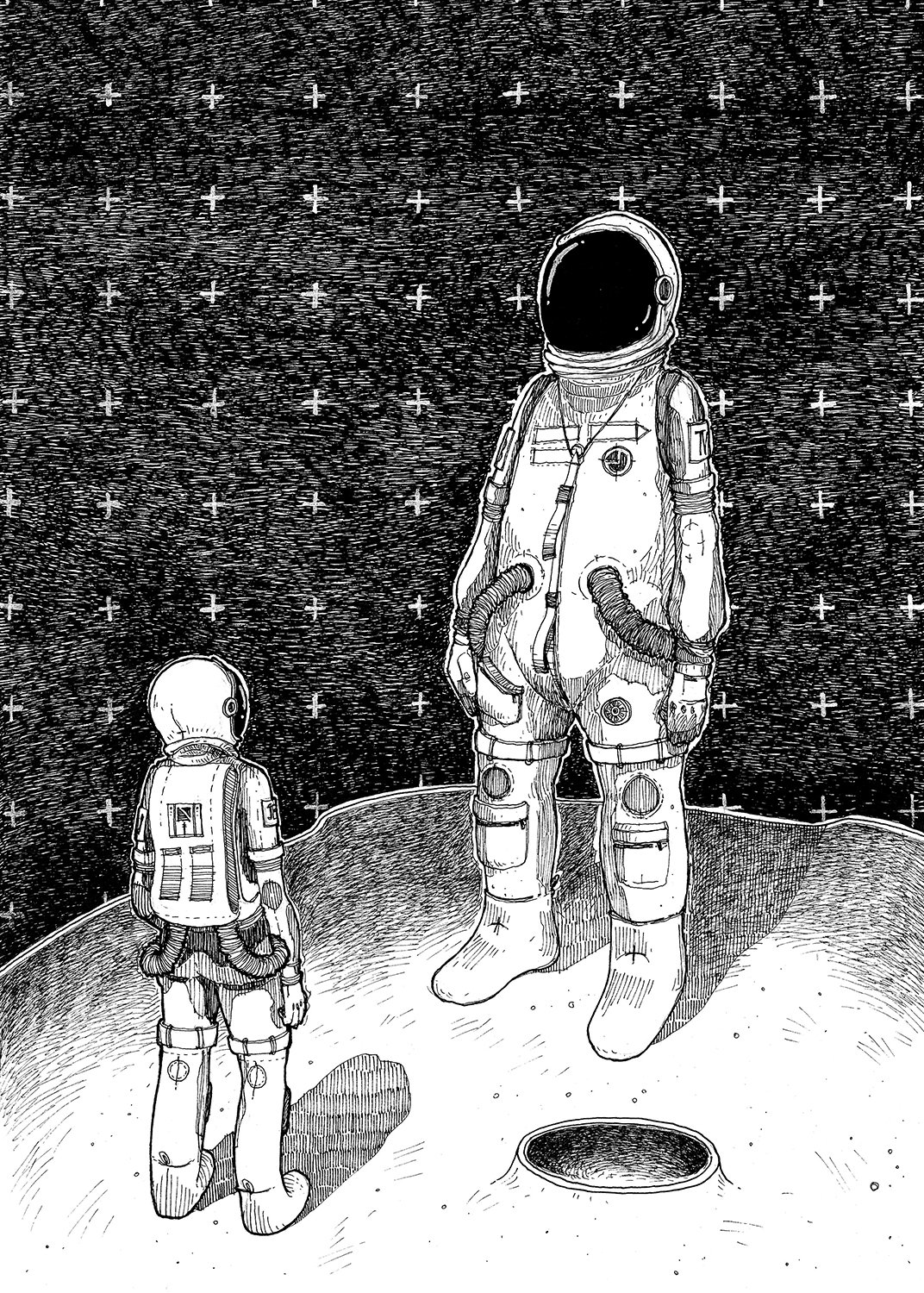 A book illustration by Joanna Bucur of an Astronaut on the moon looking at a bigger version of himself, signifying God.  The illustration is for poem anthology book Letter Never sent by Tom Wolfe