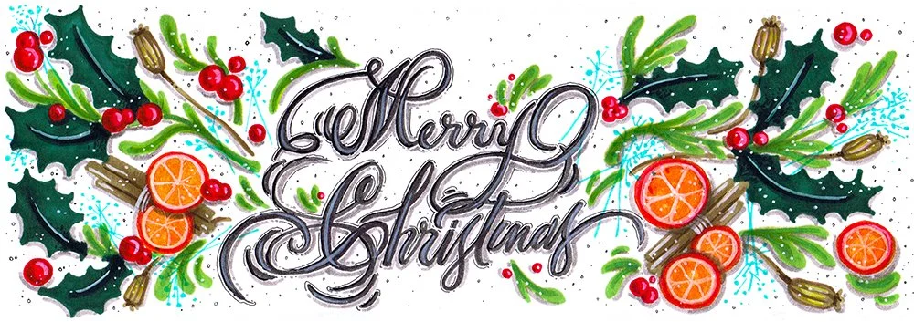Colorful holiday design with holly leaves, red berries, orange slices, cinnamon sticks, and blue decorative accents surrounding the words 'Merry Christmas' written in elegant script.