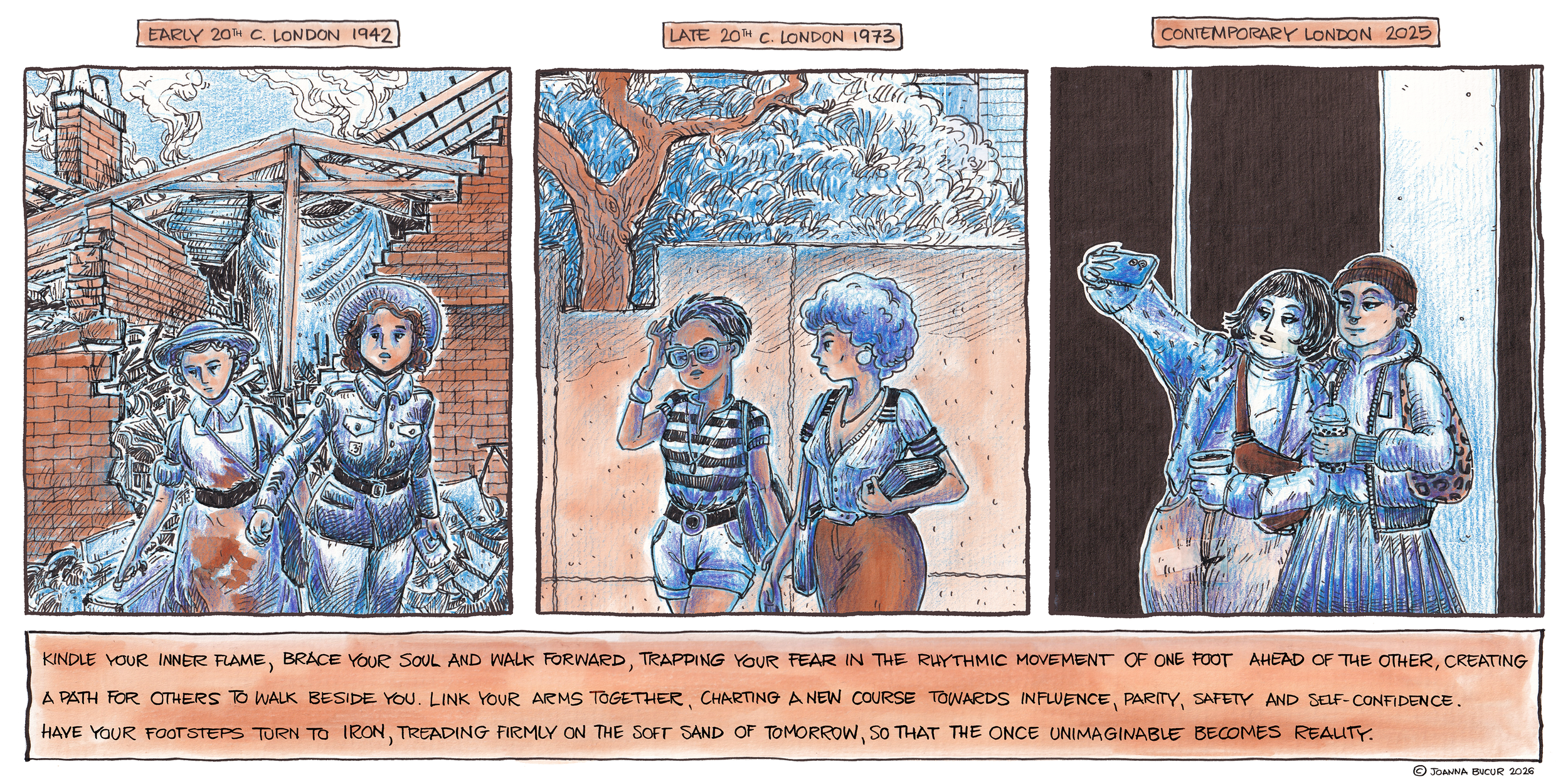 A comic panel of three images with two ladies each in a different time slice, continuing with Early and Late 20th Century London and Contemporary London, . Each pair walking on the street in different historical appropriate fashions
