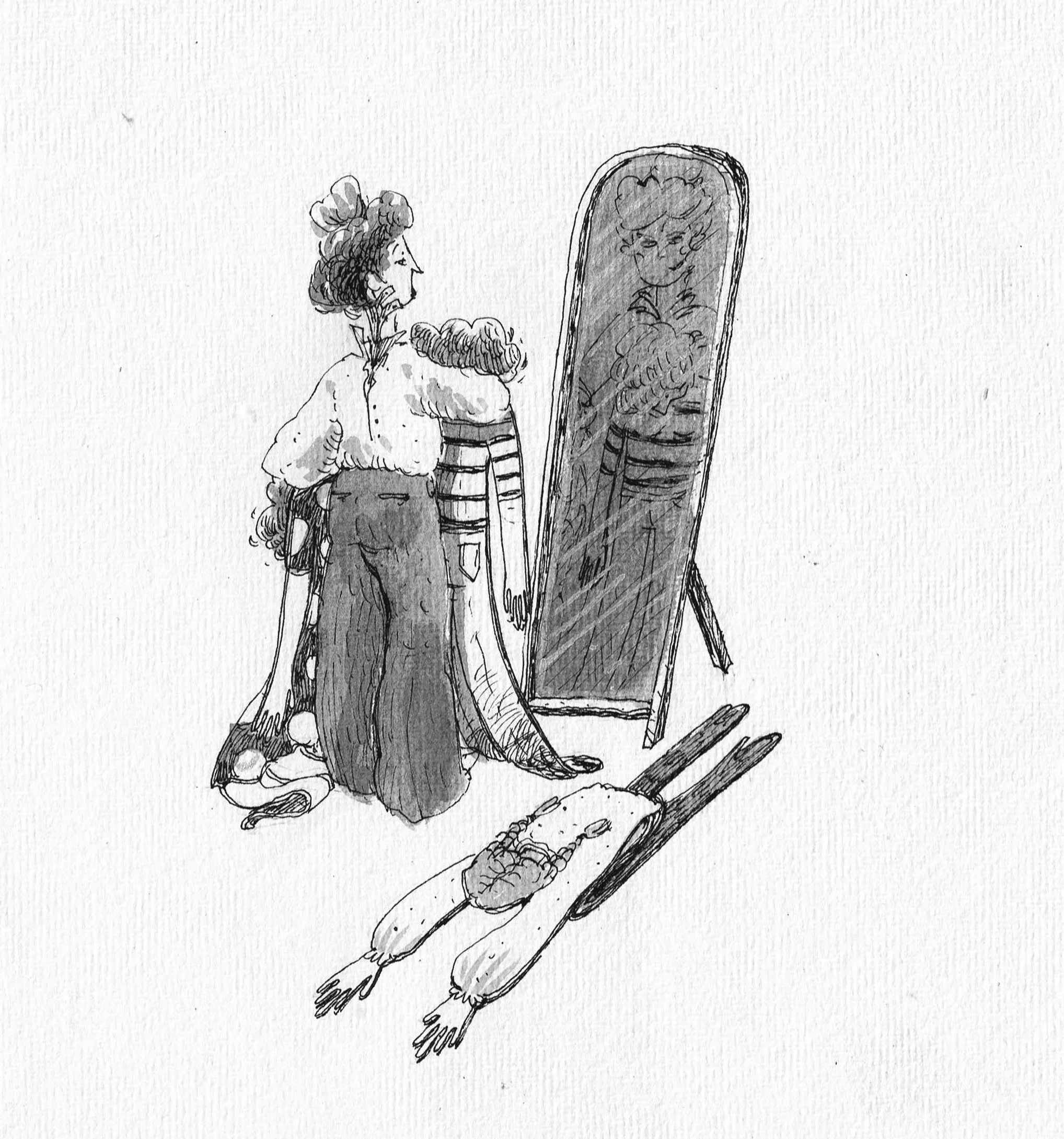 A woman looking into a full-length mirror, with her reflection smiling back. Two large pigs lie on the ground beside her. The scene is illustrated in black and white with sketchy lines.