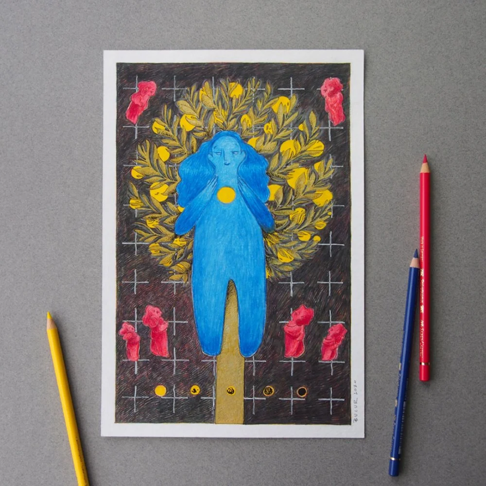 A colorful illustration of a blue human figure with flowing hair, surrounded by yellow leaves and red, pink, and orange abstract shapes, on a dark background with a grid pattern and planetary symbols at the bottom.