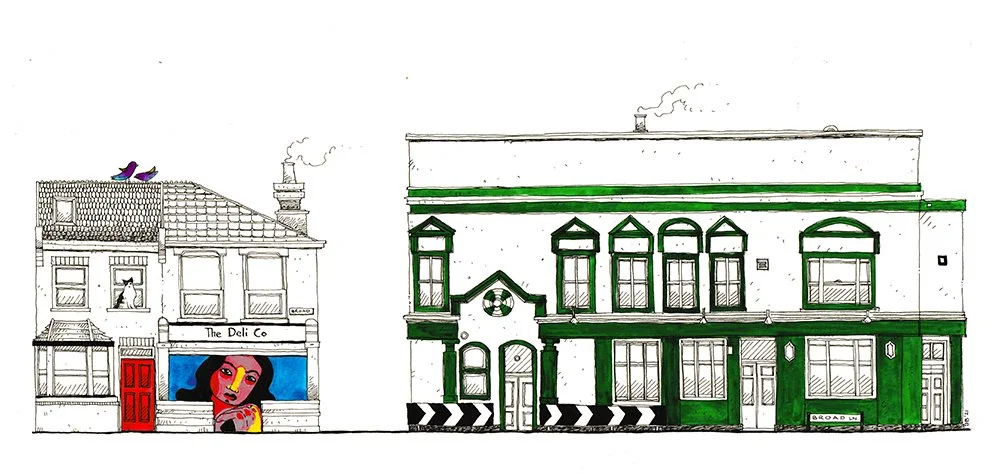 Line drawing of two buildings: the left has a store named 'The Deli Co' with colorful mural of a woman on the front, and the right is a green and white building with multiple windows and a door, with some birds perched on the roof.