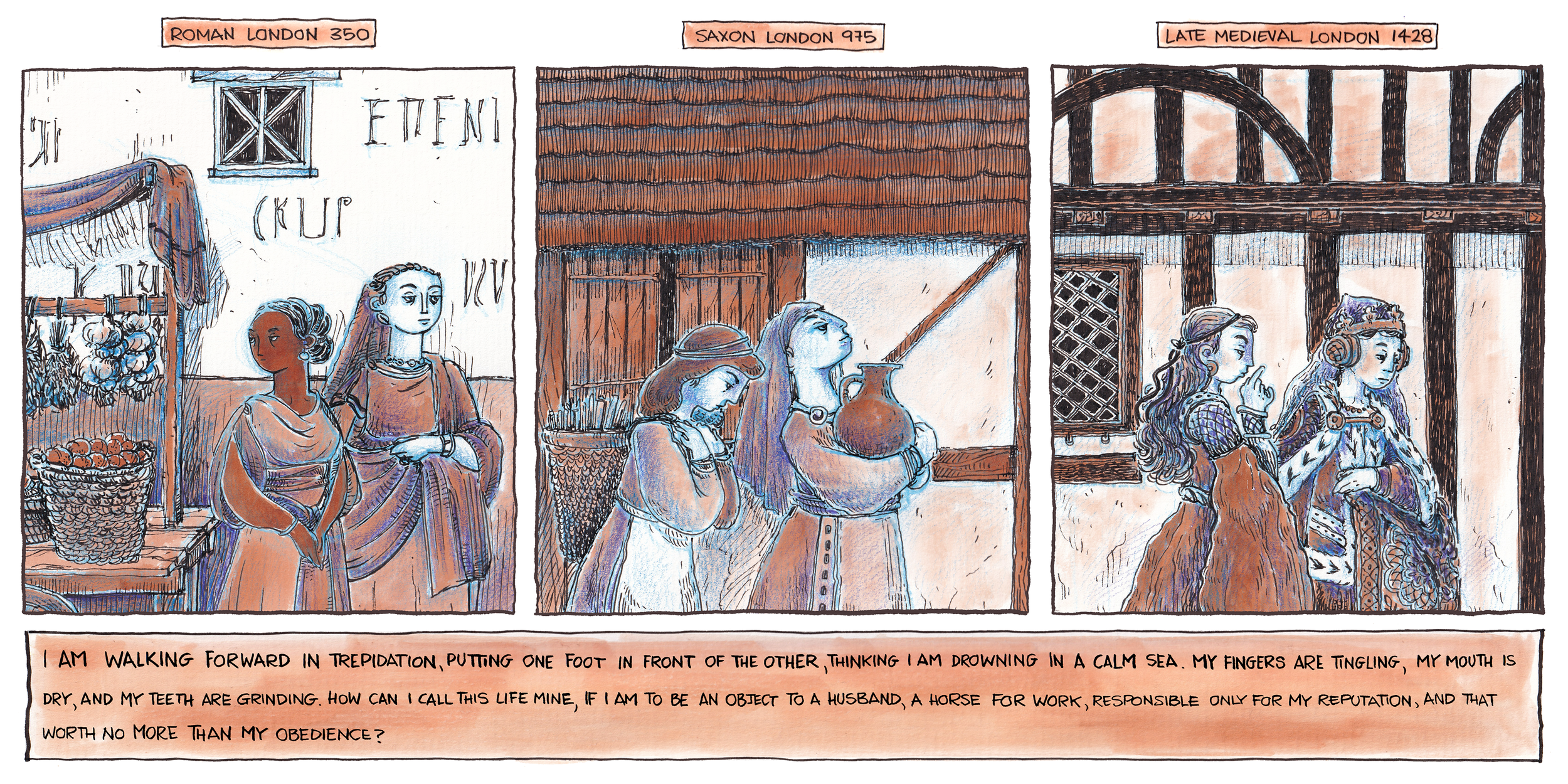 A comic panel of three images with two ladies each in a different time slice, starting with Roman London, Saxon London and then Late Medieval London, each pair walking on the street in different historical appropriate fashions