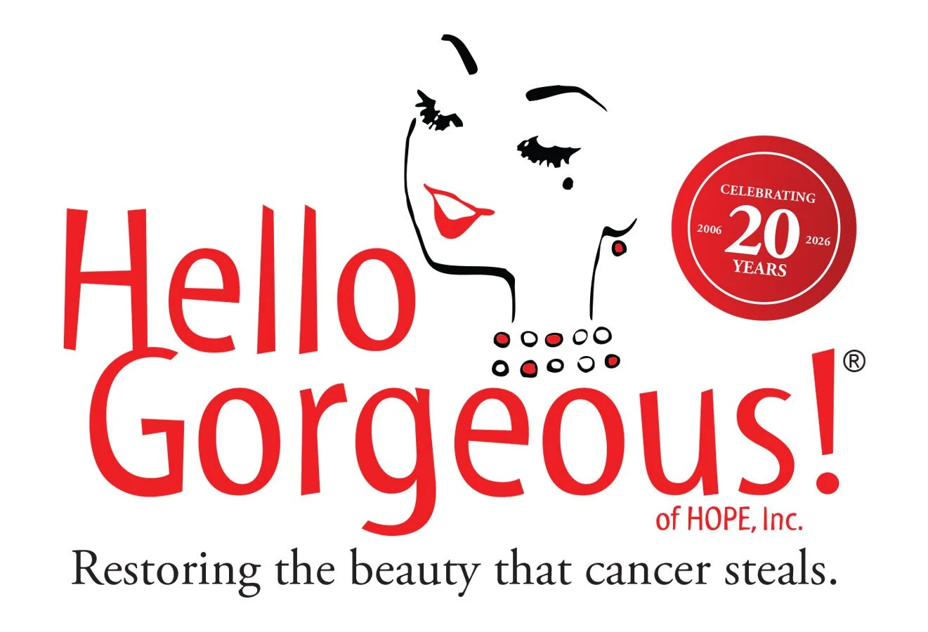 A graphic design celebrating 20 years of HOPE, Inc., with a stylized face of a woman with closed eyes, red lips, and earrings. The text says 'Hello Gorgeous!' in large red letters, and 'Restoring the beauty that cancer steals.' at the bottom. A red circle indicates the anniversary from 2006 to 2026.